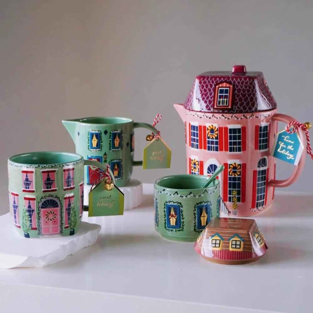 Brand New Anthropologie Christmas Chalet Complete 5 PC Tea Set